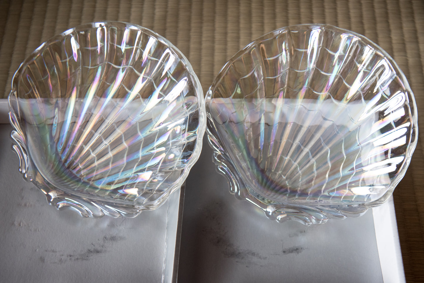 Vintage Iridescent Glass Seashell 2-piece set from Hasegawa Glass, in box