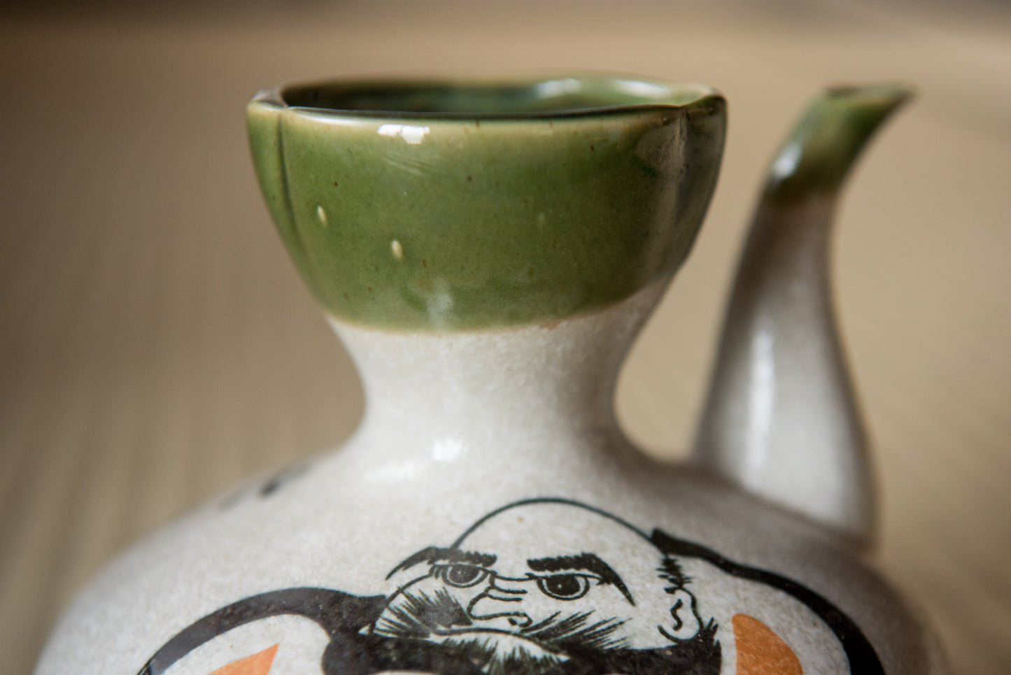 Vintage Hot Sake Warming Pitcher with illustration and calligraphy, ceramic (1950s)
