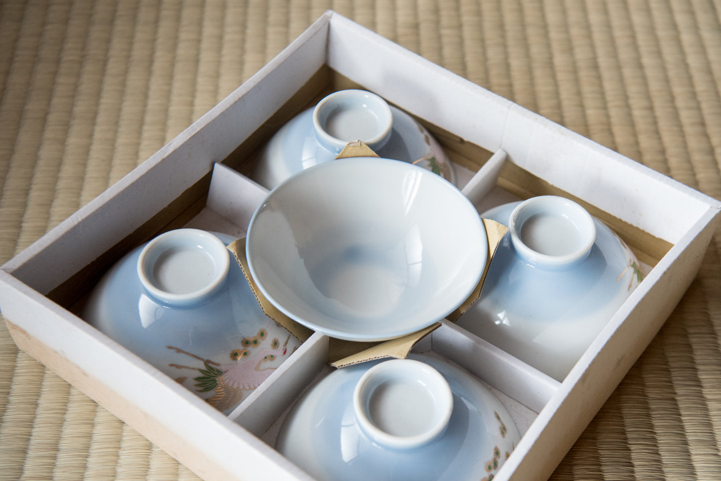 Vintage Golden Heron Ceramic Bowl (set of 5) from Showa-era, in box