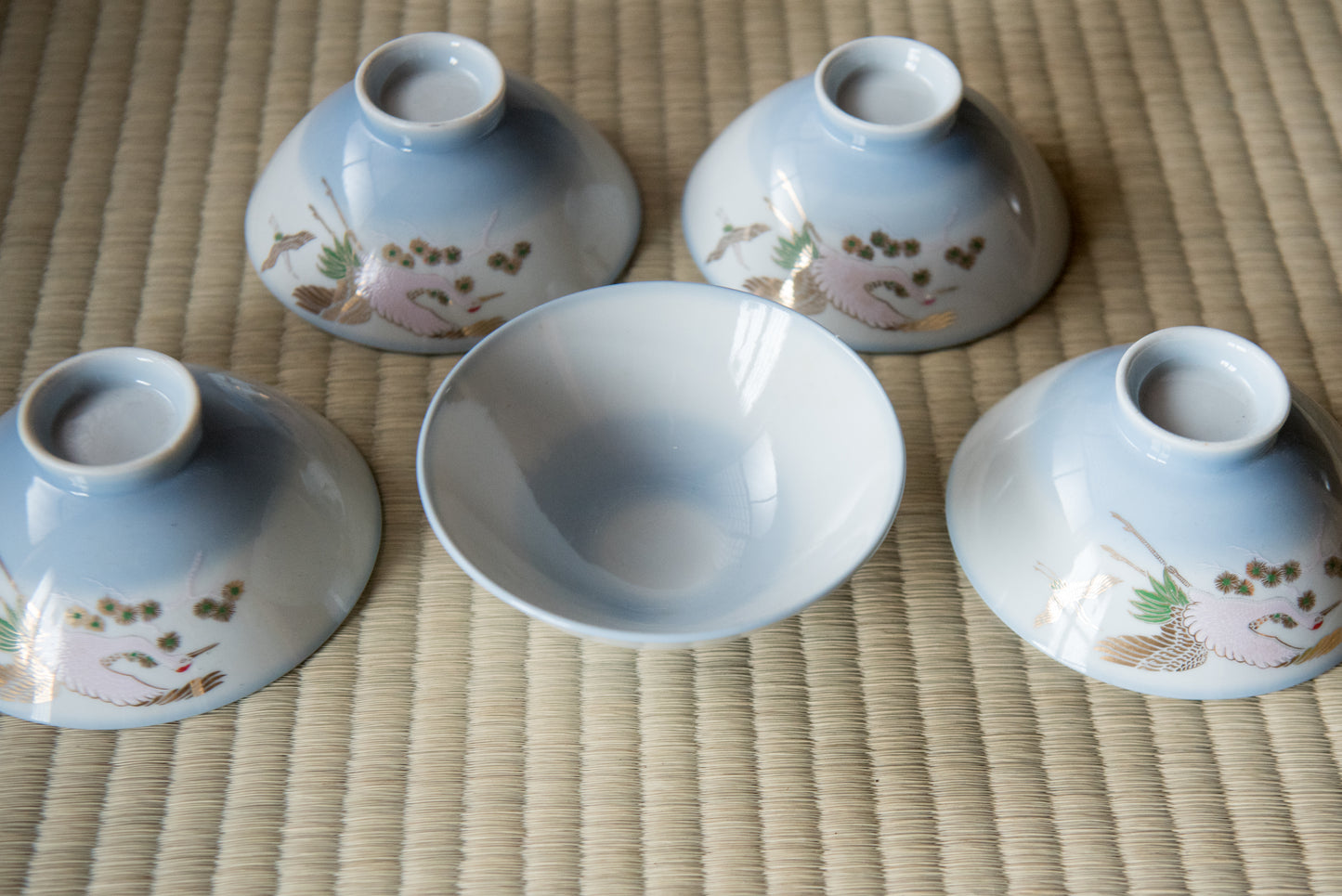 Vintage Golden Heron Ceramic Bowl (set of 5) from Showa-era, in box