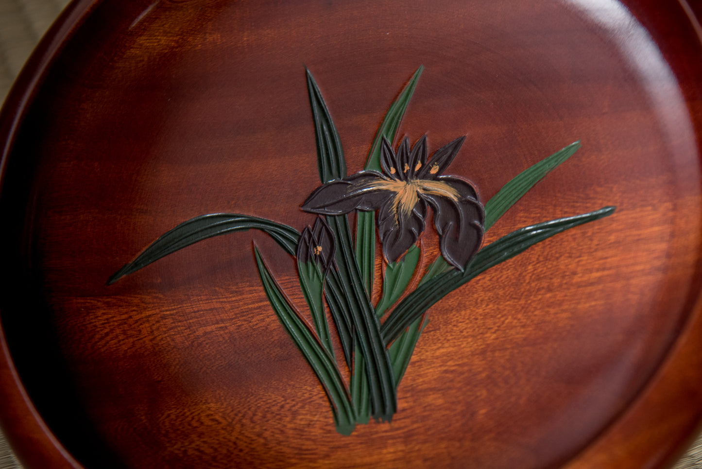 Vintage Japanese Hand-Carved Wooden Tray with Iris Flower, in box
