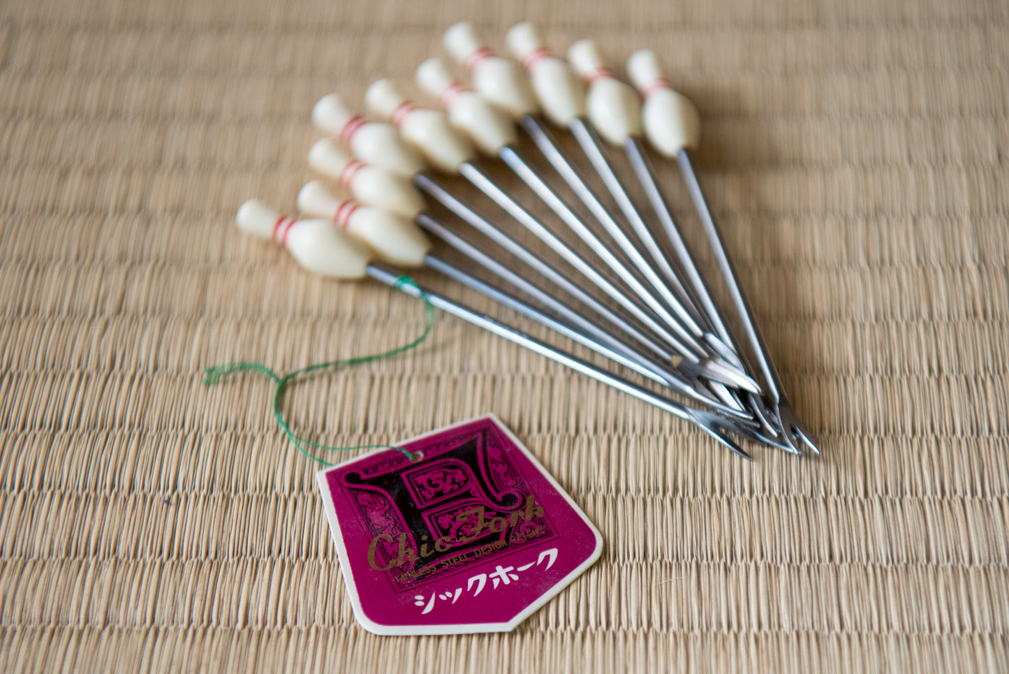 Vintage Japanese Bowling-themed Cocktail Fork set (10), from Showa-era (with original tag attached)