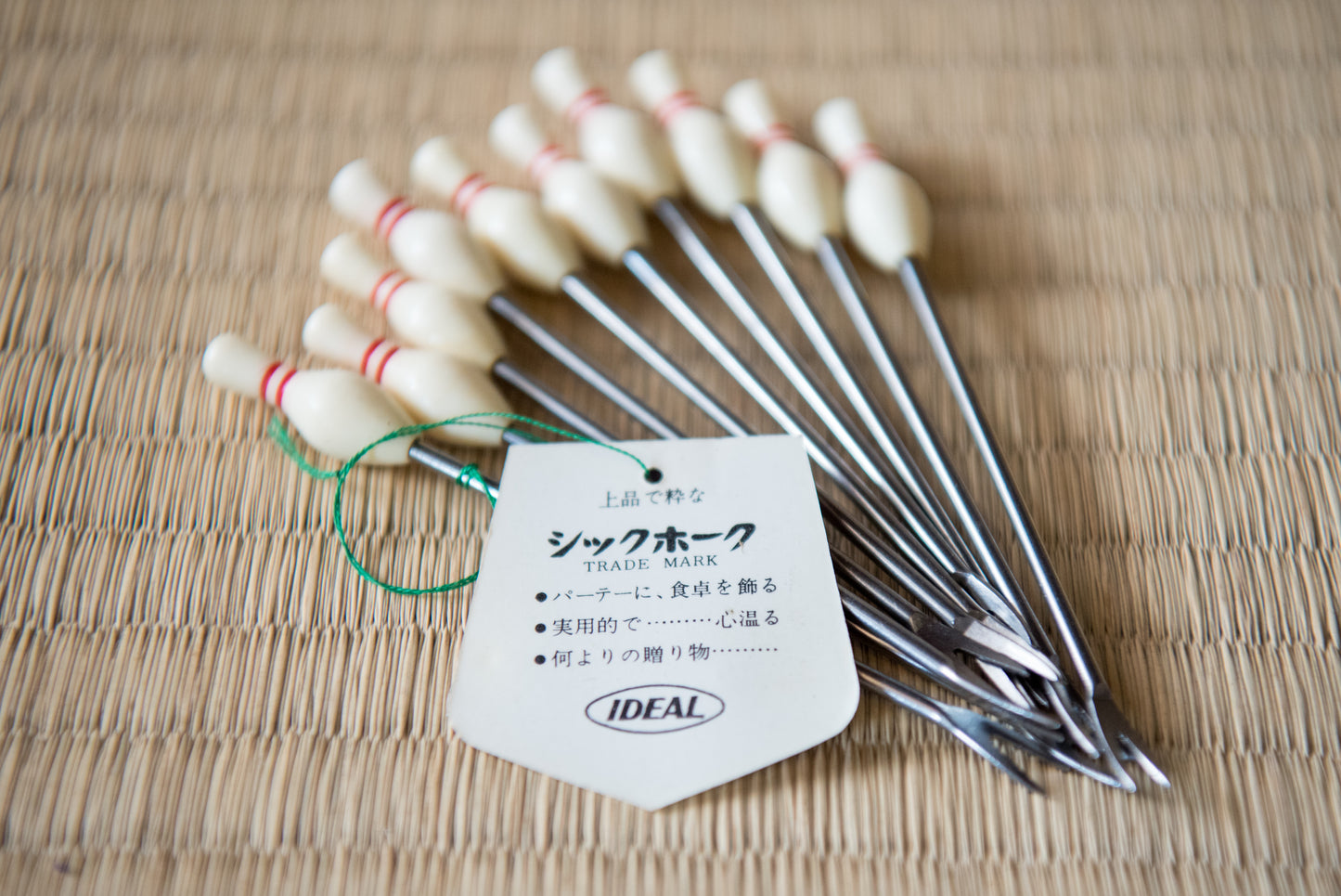 Vintage Japanese Bowling-themed Cocktail Fork set (10), from Showa-era (with original tag attached)