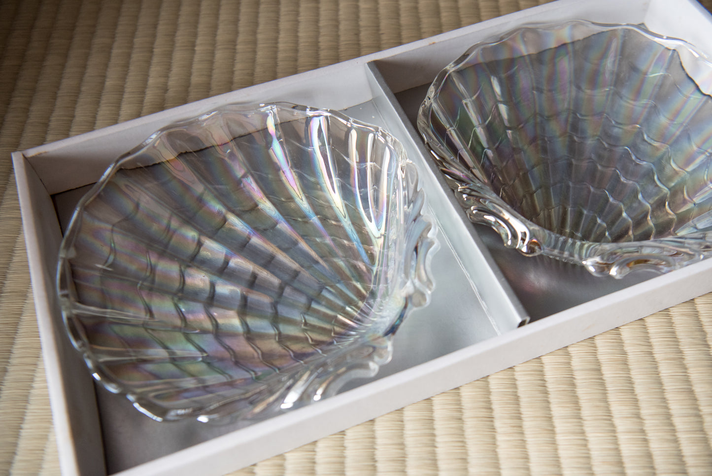 Vintage Iridescent Glass Seashell 2-piece set from Hasegawa Glass, in box