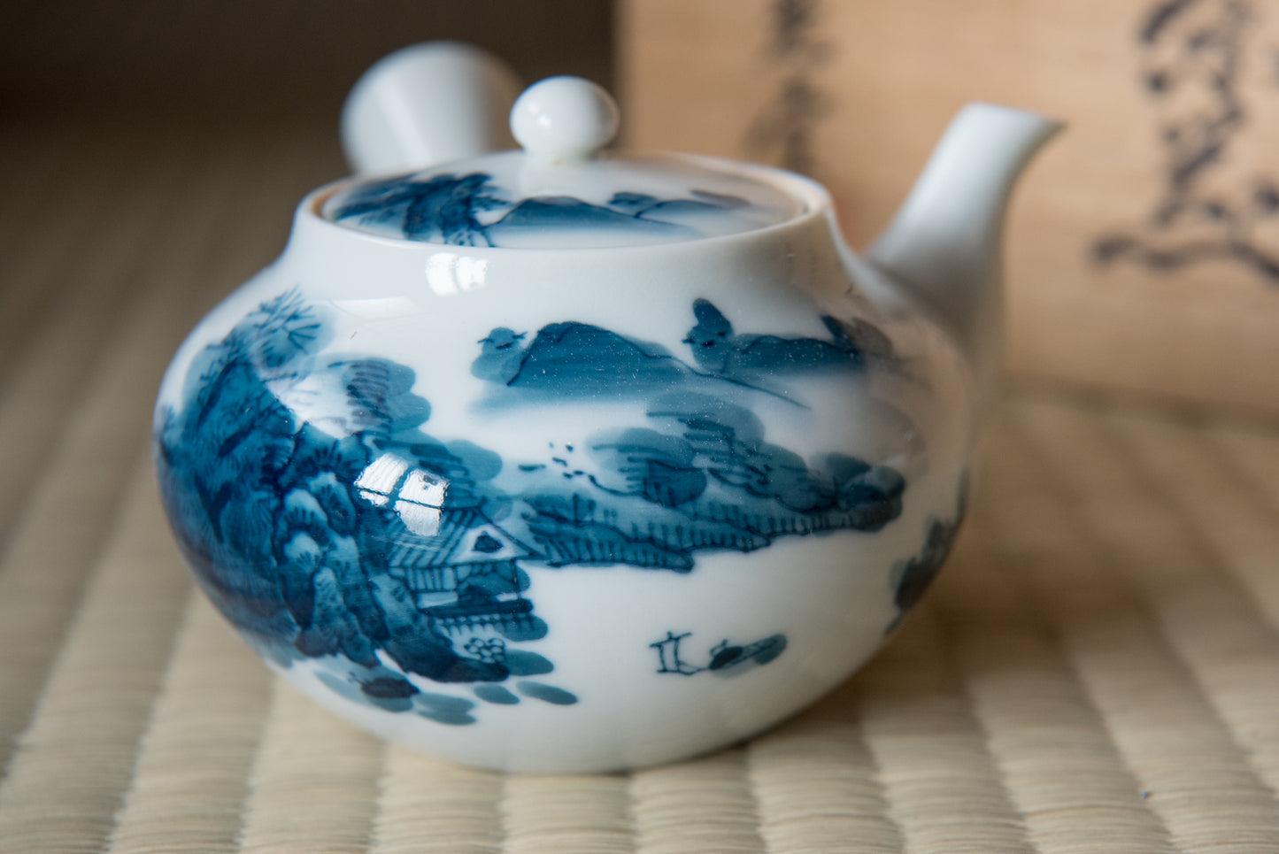 Vintage Sansui Ceramic Tea Pot and Cup Set, made by 畑萬陶苑 Hataman Toen (1960) in wooden box