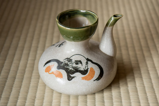 Vintage Hot Sake Warming Pitcher with illustration and calligraphy, ceramic (1950s)