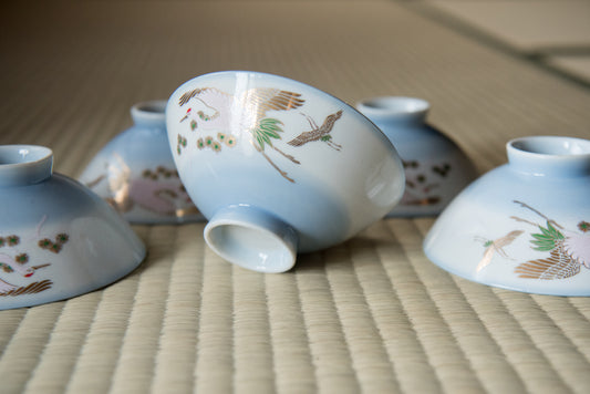 Vintage Golden Heron Ceramic Bowl (set of 5) from Showa-era, in box