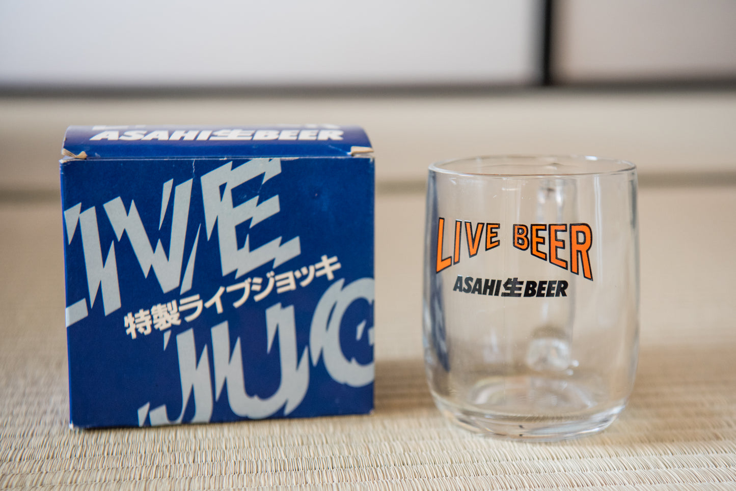 Retro Japanese "Live Beer" Glass Mug, Asahi Beer brand, from Showa-era (in box)