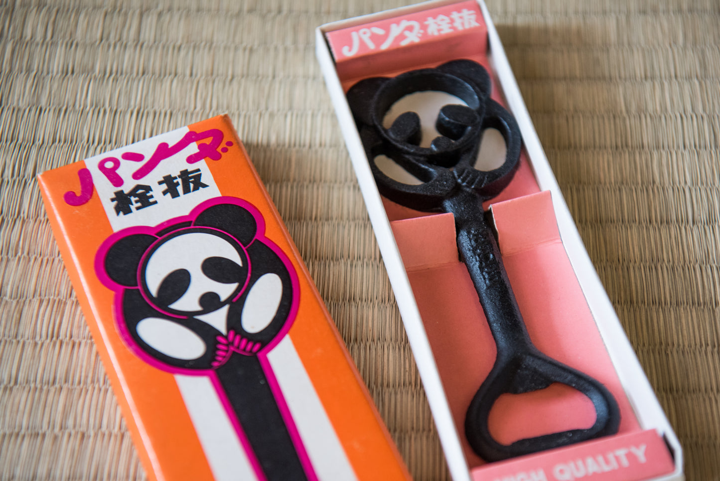 Vintage Japanese Panda Bottle Opener, made of black iron, in box