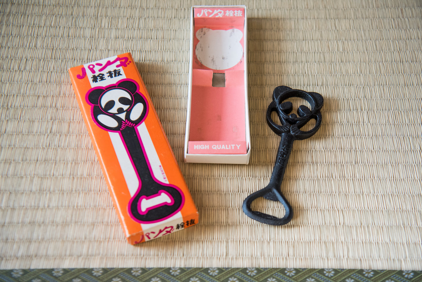 Vintage Japanese Panda Bottle Opener, made of black iron, in box