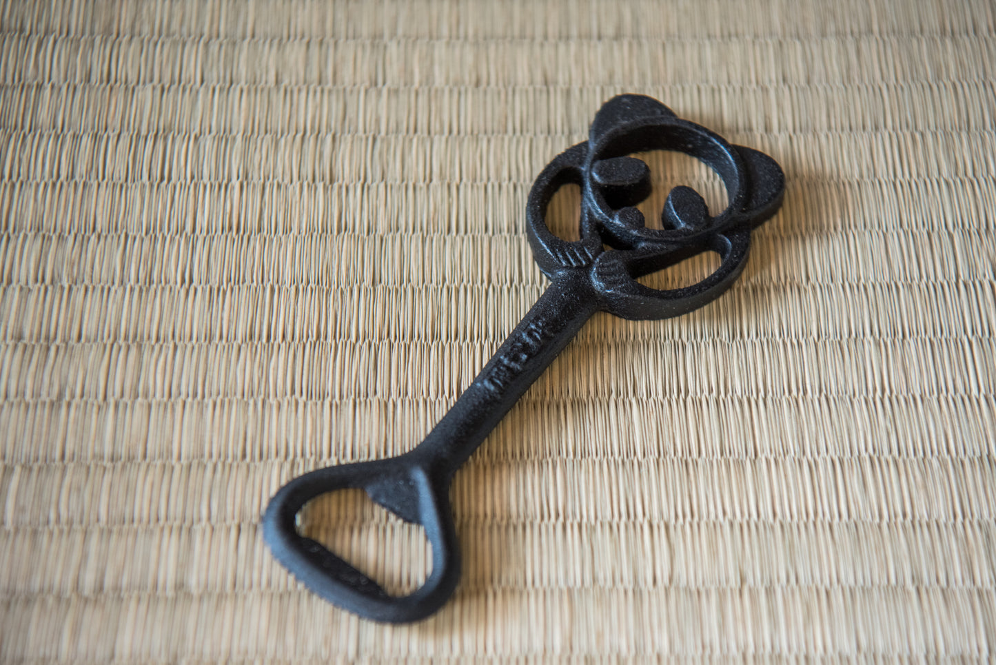 Vintage Japanese Panda Bottle Opener, made of black iron, in box