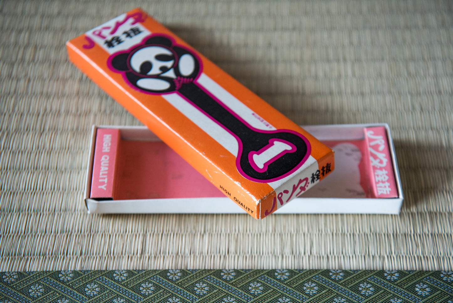 Vintage Japanese Panda Bottle Opener, made of black iron, in box