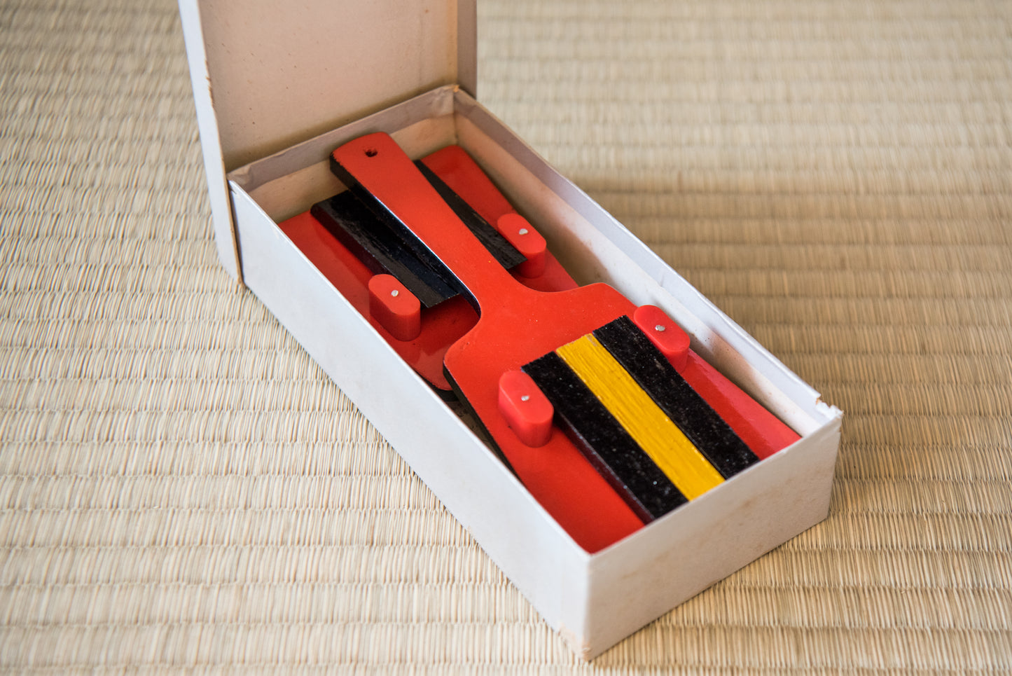 Vintage Japanese Tosa wooden toy percussion souvenir, made in Kochi city for Yasakoi Matsuri Festival, in box