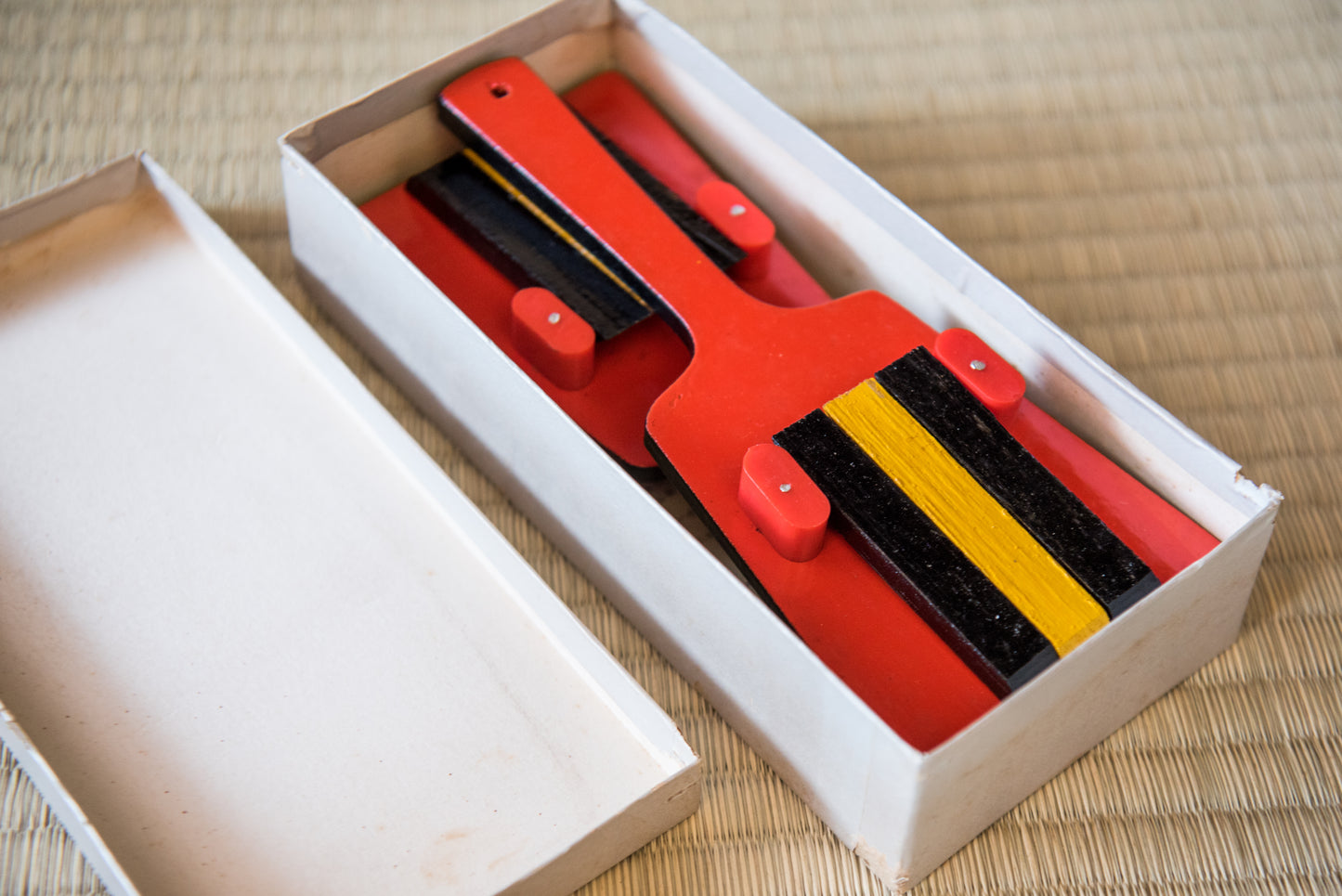 Vintage Japanese Tosa wooden toy percussion souvenir, made in Kochi city for Yasakoi Matsuri Festival, in box