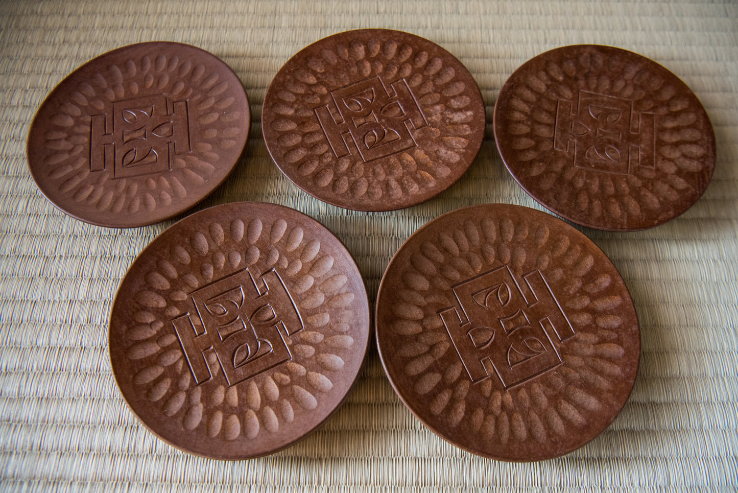 Vintage Japanese Hand-Carved Wooden Plate Set, made in Sapporo, in box