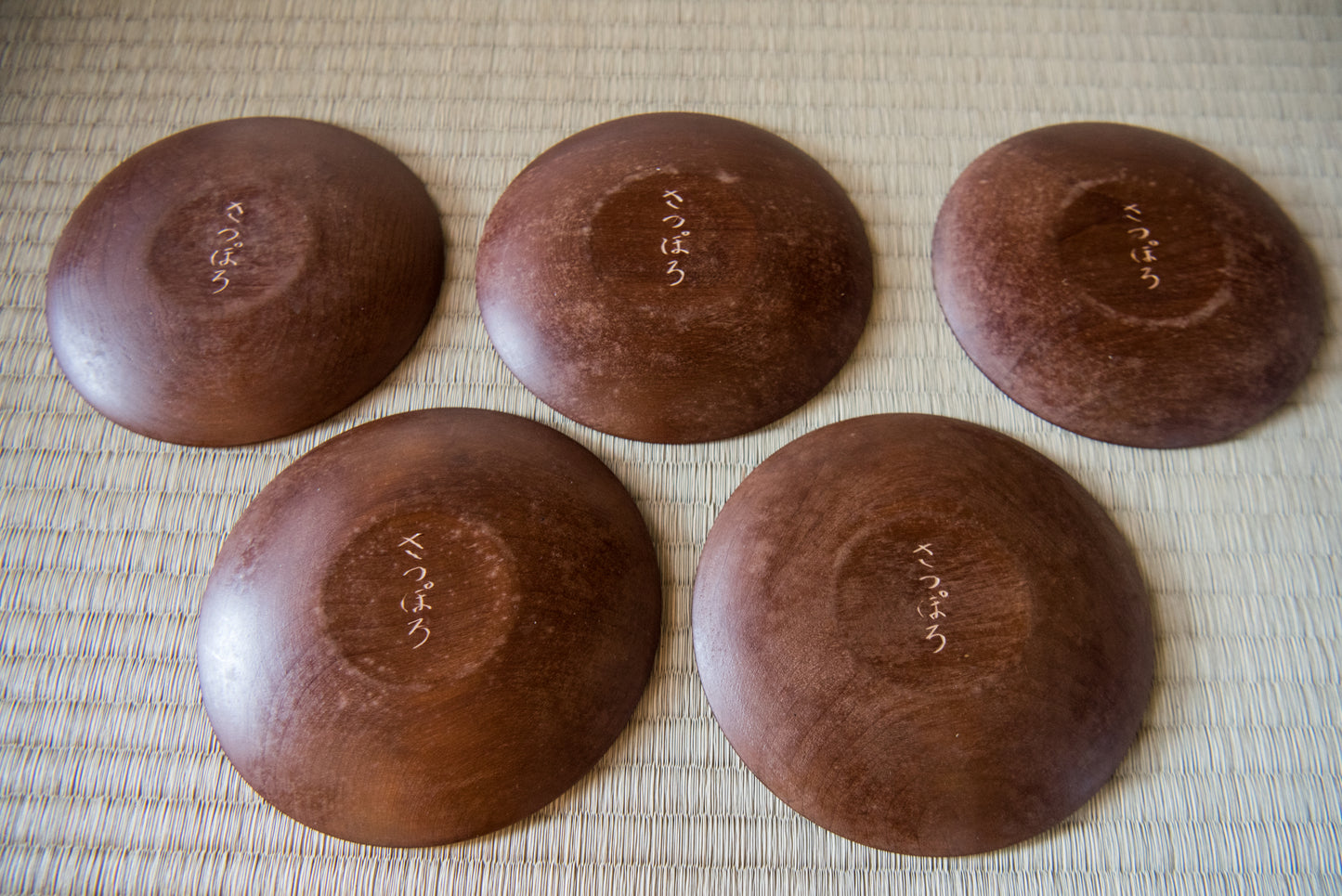 Vintage Japanese Hand-Carved Wooden Plate Set, made in Sapporo, in box