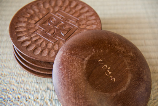 Vintage Japanese Hand-Carved Wooden Plate Set, made in Sapporo, in box