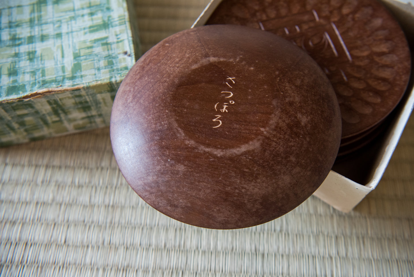 Vintage Japanese Hand-Carved Wooden Plate Set, made in Sapporo, in box