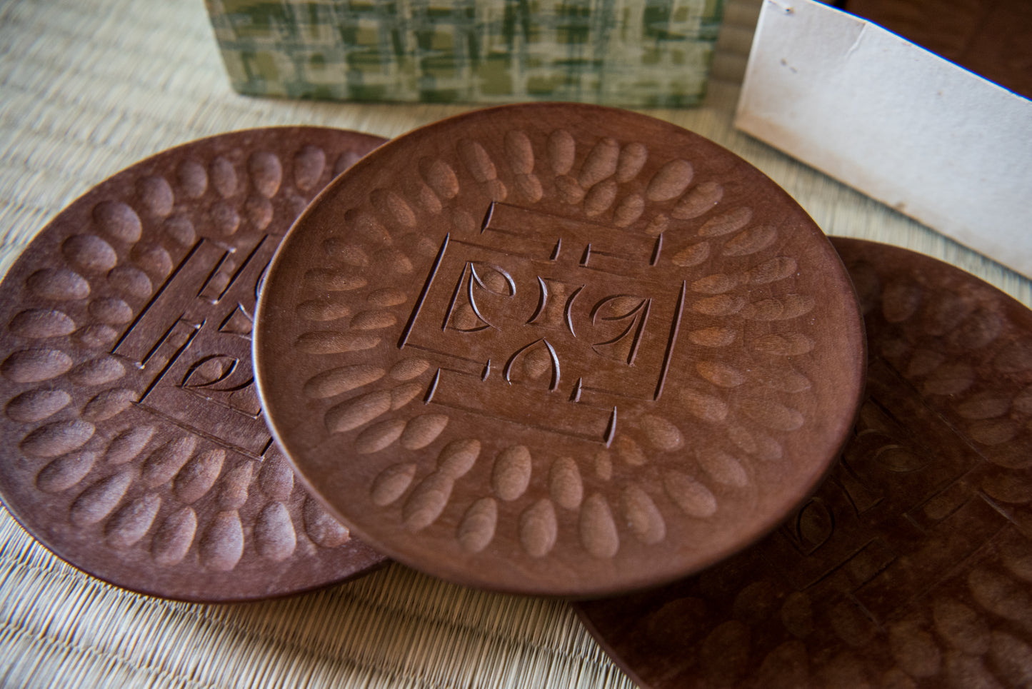 Vintage Japanese Hand-Carved Wooden Plate Set, made in Sapporo, in box