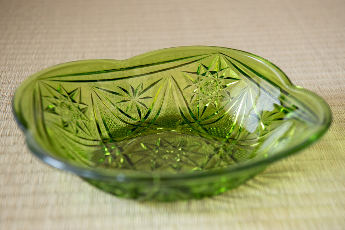 Vintage Japanese Green Glass Star-Cut Bowl