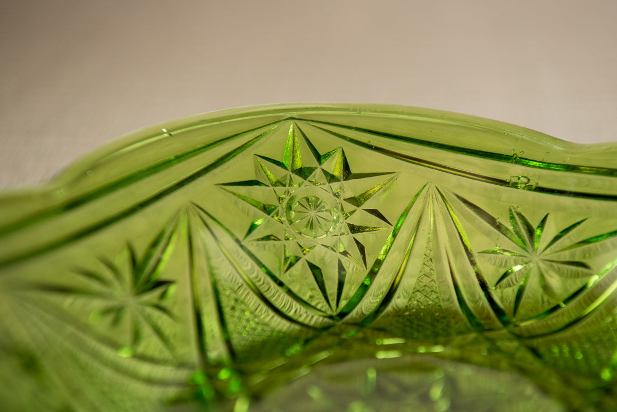 Vintage Japanese Green Glass Star-Cut Bowl